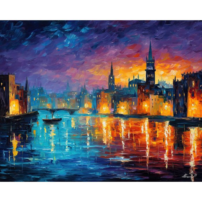 fantasy ocean city, glowing waves, oil painting, magical world, twilight sea, painterly texture