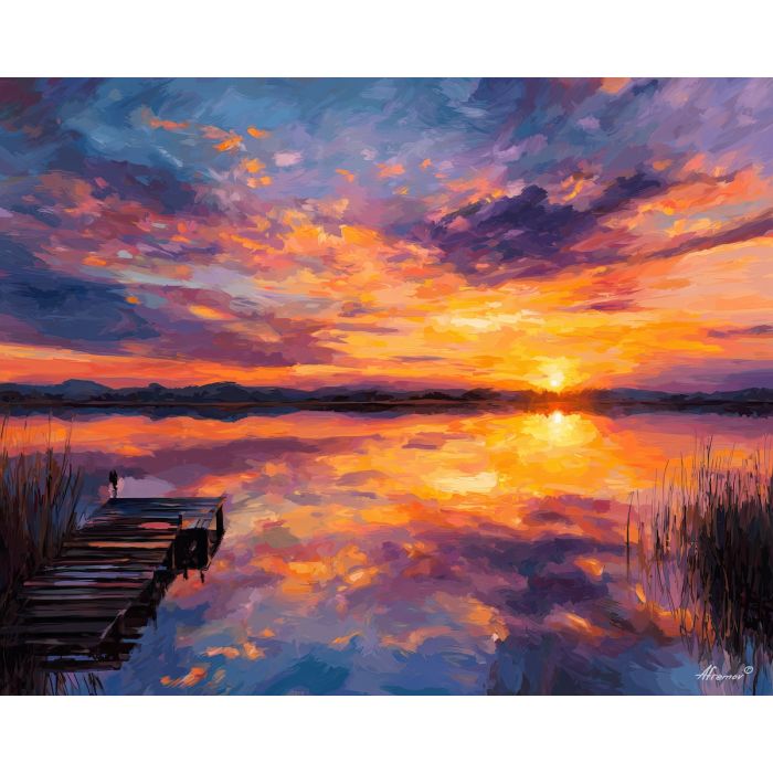 finland lake sunset,oil painting,afremov style