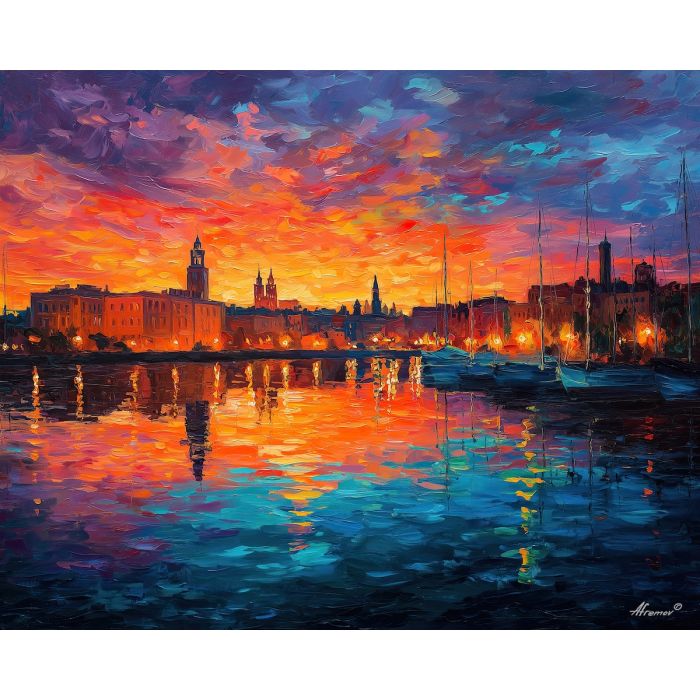 barcelona harbor,spain coast,oil painting,afremov style,sunset light