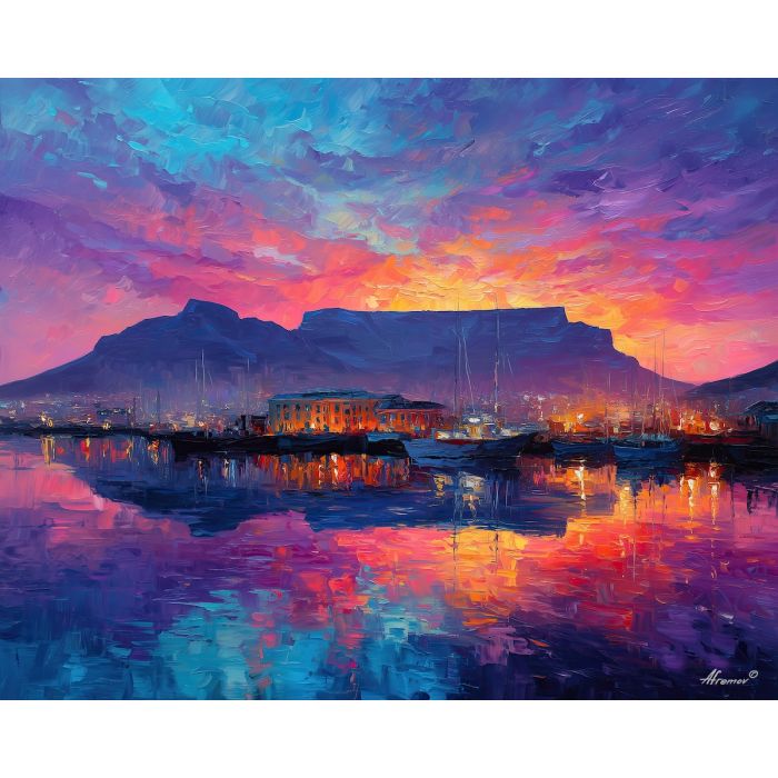 table mountain,cape town,oil painting,afremov style,morning light