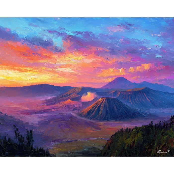 mount bromo,sunrise volcano,oil painting,afremov style