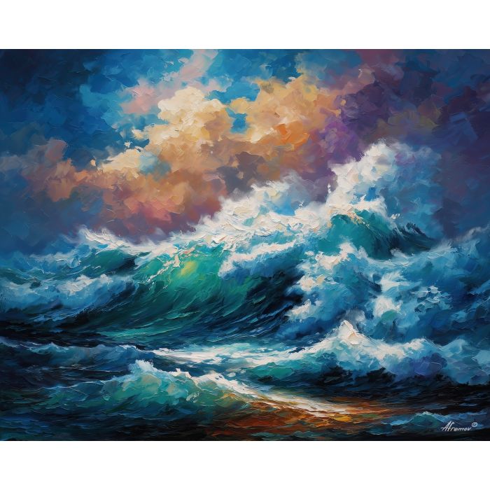 nazare coast,atlantic waves,oil painting,afremov style