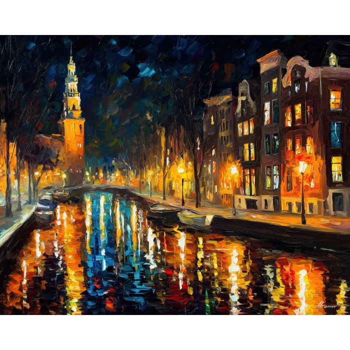 amsterdam night canal,city lights,oil painting,afremov style