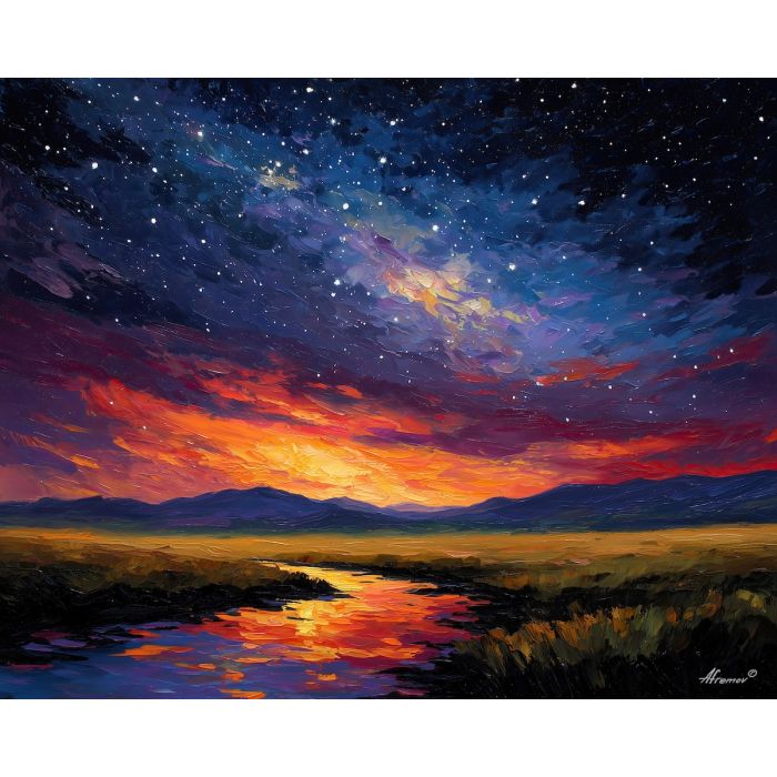 netherlands night sky,stars landscape,oil painting,afremov style