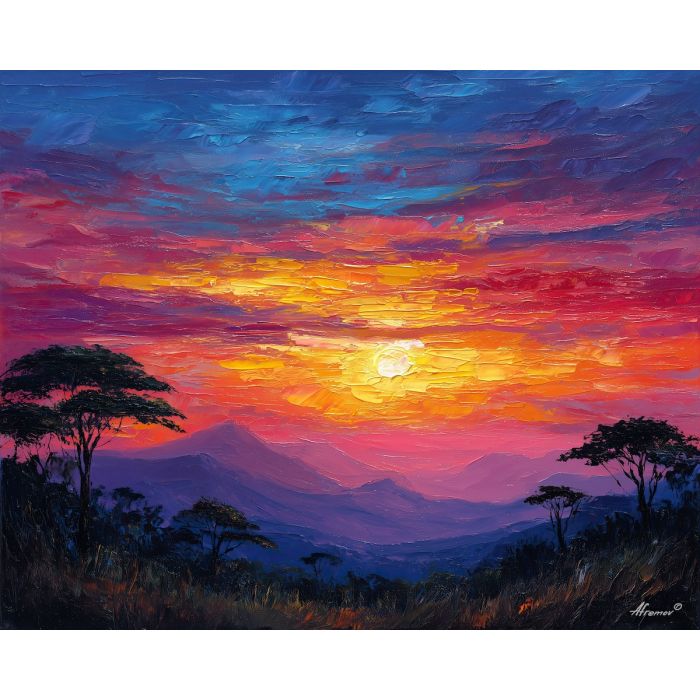 south africa hills,sunset sky,oil painting,afremov style