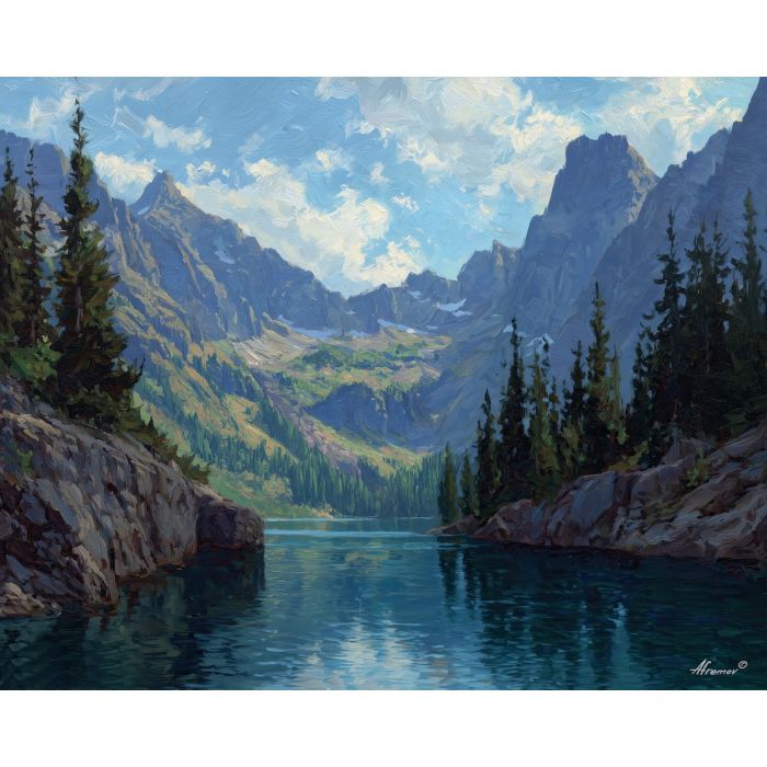 glacier national park, mountain lake, oil painting, usa landscape, forest reflection, painterly texture, calm scenery, detailed oil, serene mood
