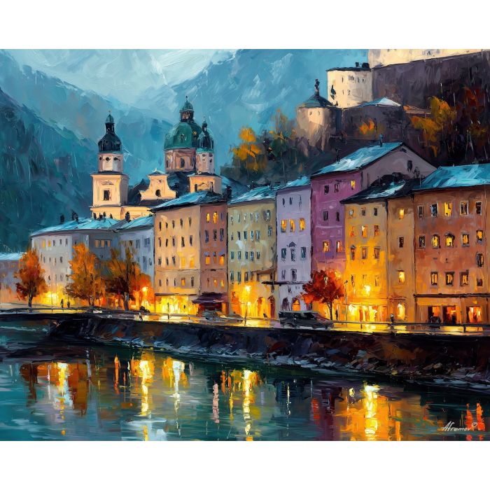 salzburg old town,austria city,oil painting,afremov style