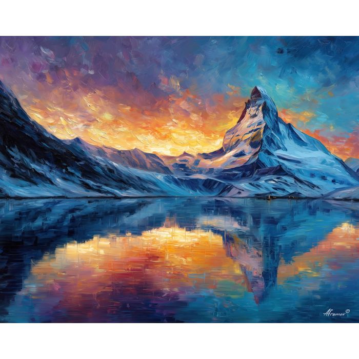 matterhorn,swiss alps,mountain reflection,oil painting,afremov style,alpine landscape