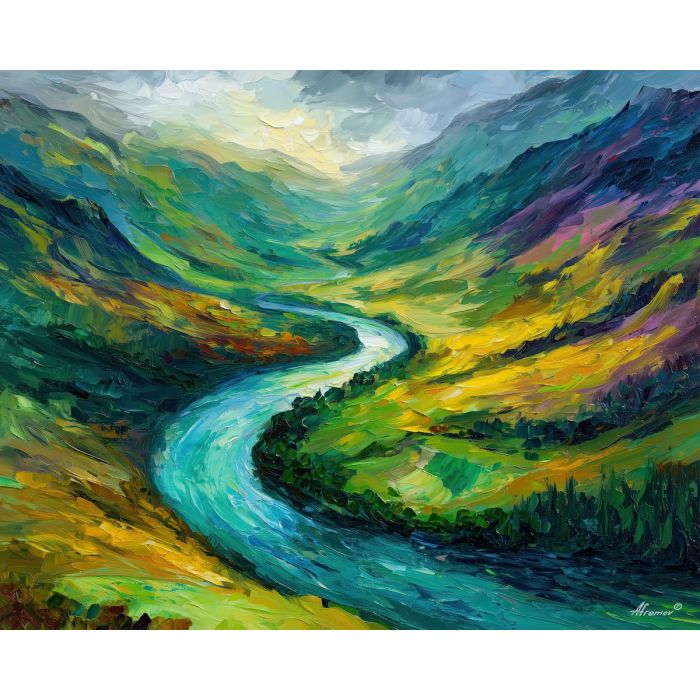 norway river,valley landscape,oil painting,afremov style