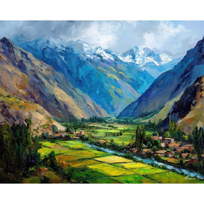 sacred valley,andes landscape,oil painting,afremov style