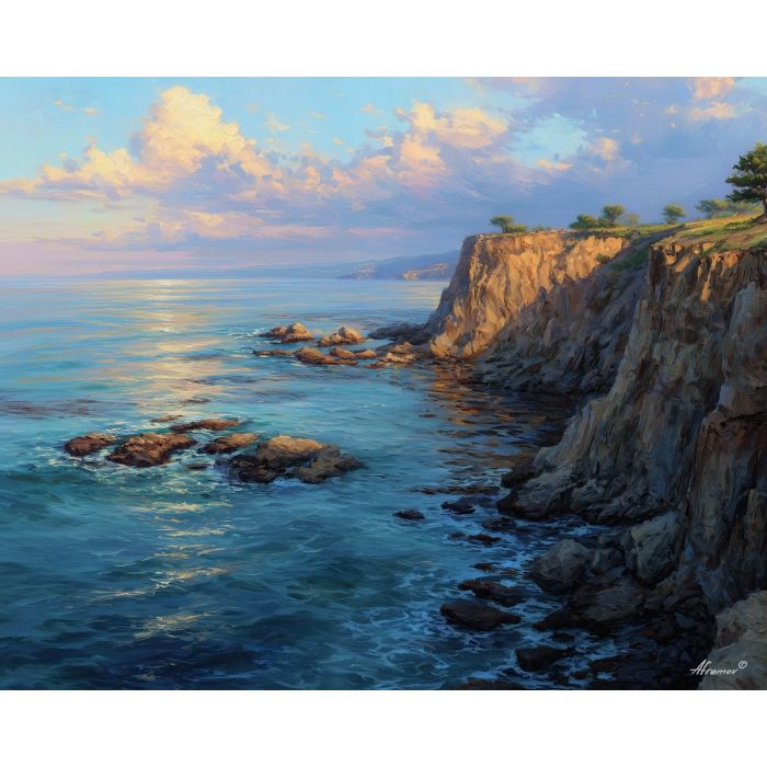pacific coast, rocky cliffs, oil painting, usa landscape, california coast, ocean view, painterly texture, calm scenery, soft light, detailed oil, serene mood, american coastline, peaceful sea