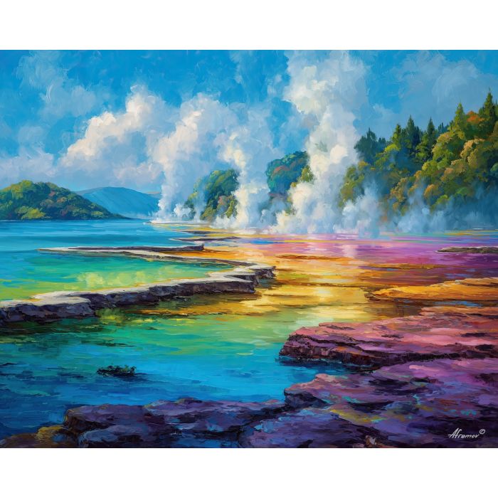 rotorua,geothermal,new zealand,oil painting,steam pools,afremov style