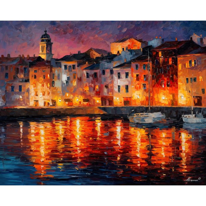 fantasy harbor, glowing city, oil painting, magical world, twilight sky, painterly texture, colorful reflections, imaginary coast