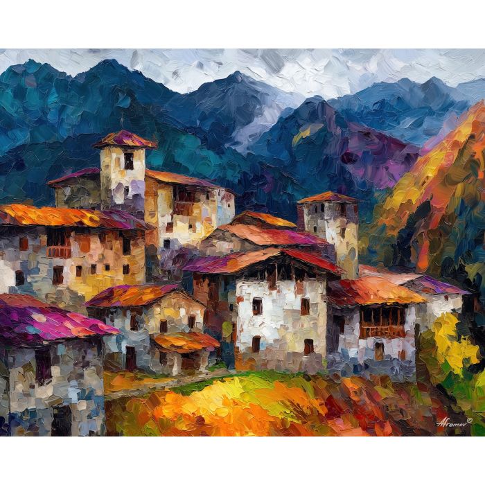 andean village,stone homes,oil painting,afremov style
