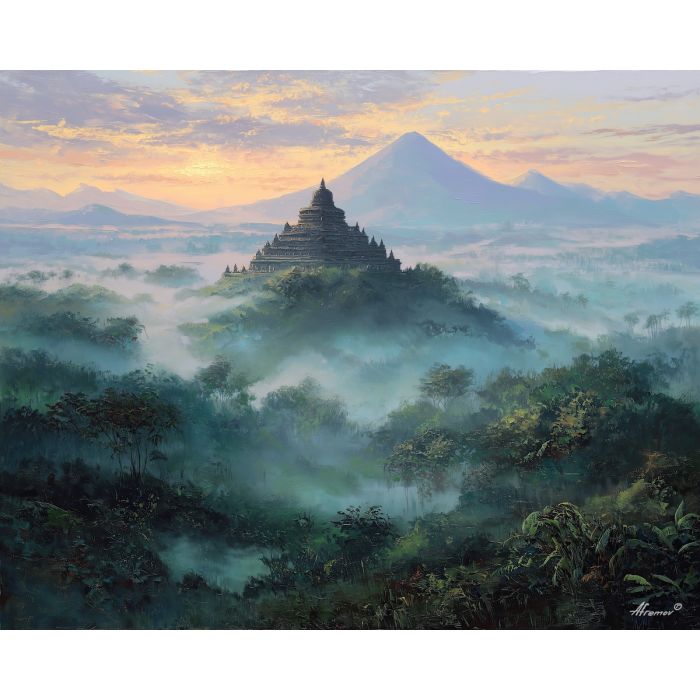 borobudur temple, stone terraces, oil painting, world wonder, misty landscape, painterly texture, calm atmosphere, detailed oil
