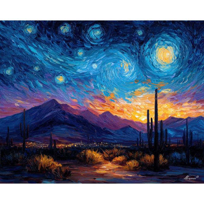 egypt desert night,stars landscape,oil painting,afremov style