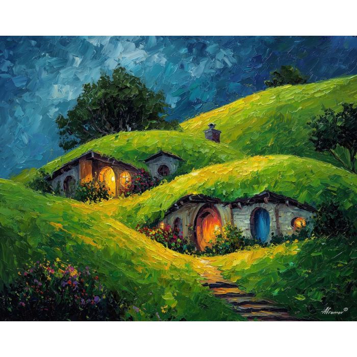 hobbiton,matamata,new zealand,oil painting,green hills,afremov style