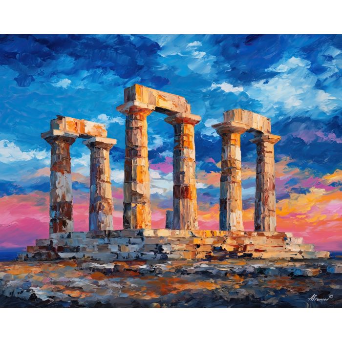 greek temple ruins,ancient columns,oil painting,afremov style
