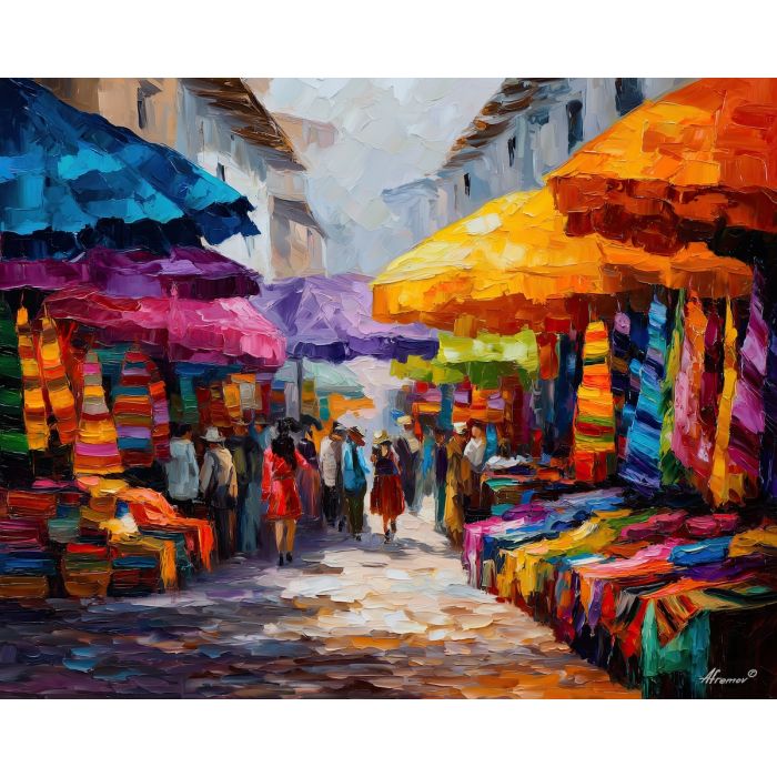 peru market,textiles,culture,oil painting,afremov style