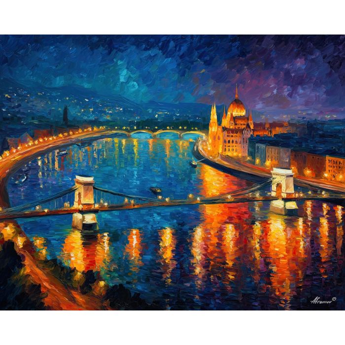 danube river,austria cityscape,oil painting,afremov style