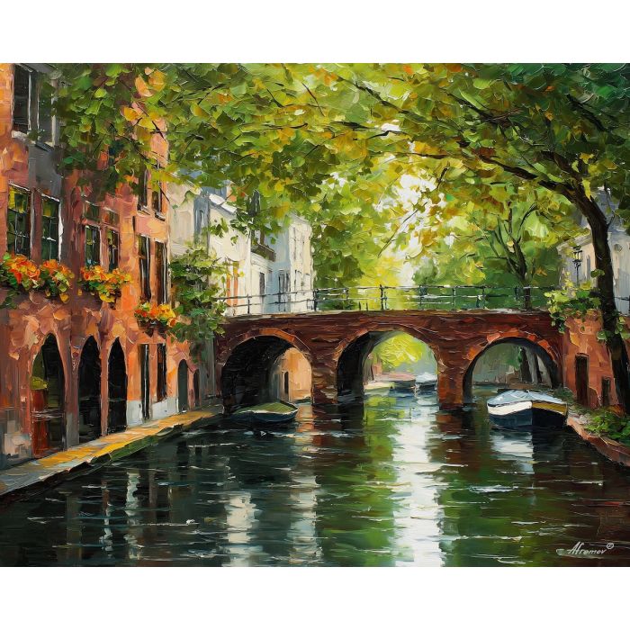 utrecht canal,arched bridges,netherlands city,oil painting,afremov style