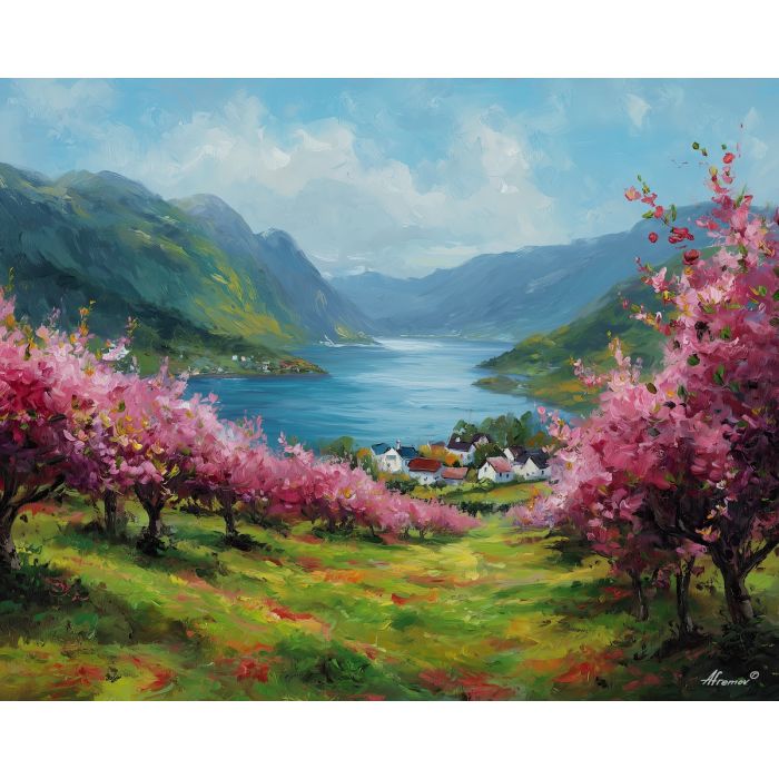hardangerfjord,apple blossoms,norway,oil painting,afremov style