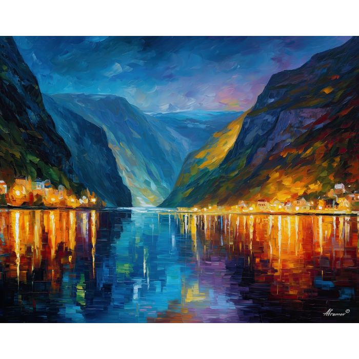 geirangerfjord,norway fjord,oil painting,mountain cliffs,afremov style
