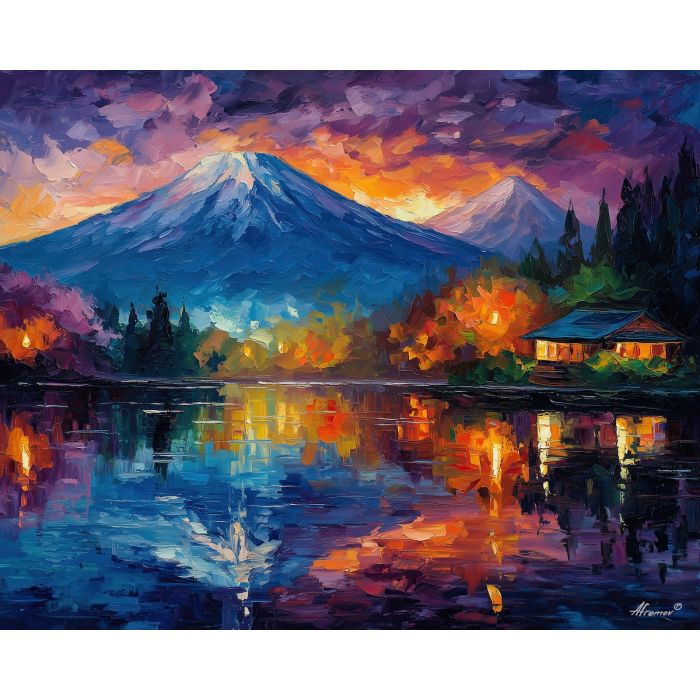 japan lake,reflection landscape,oil painting,afremov style