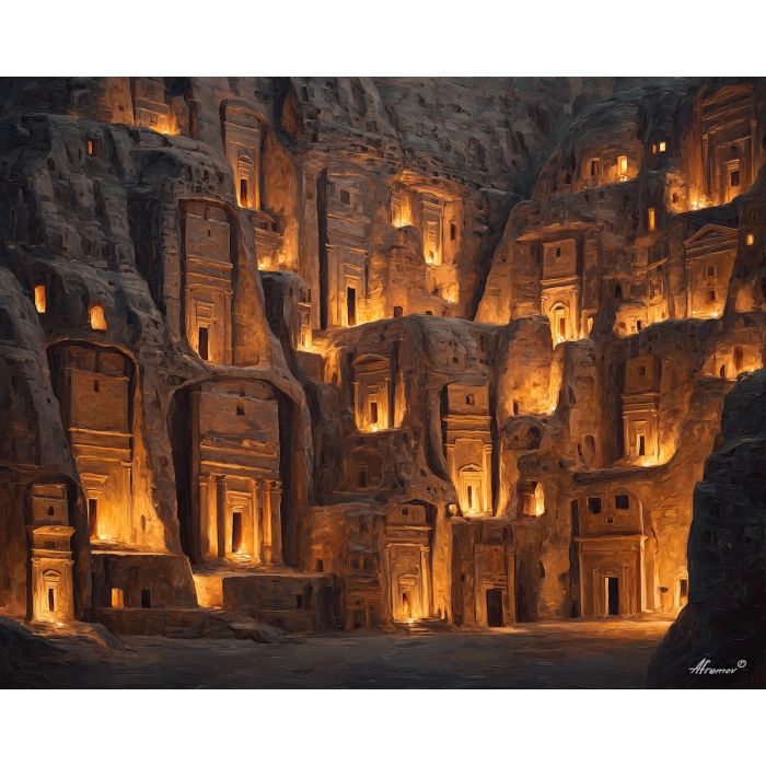 petra jordan, rock carved city, oil painting, world wonder, desert canyon, rose stone, painterly texture, calm atmosphere, ancient architecture, detailed oil