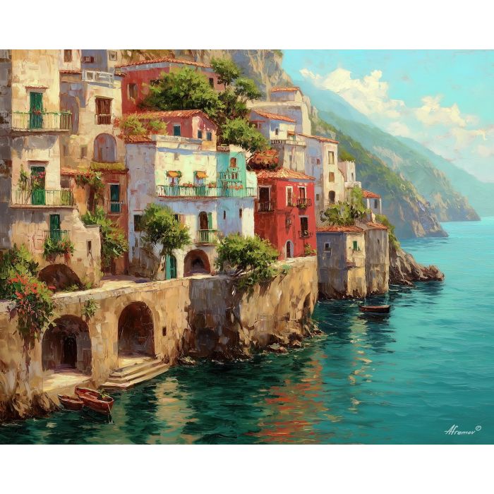 amalfi coast, cliffside village, oil painting, world wonder, mediterranean scenery, painterly texture, calm atmosphere, detailed oil