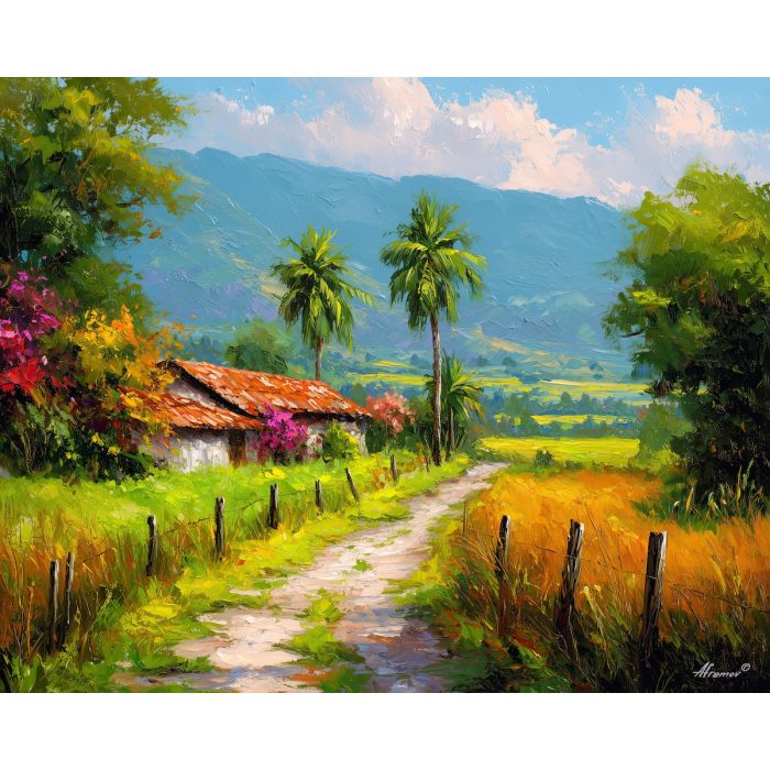 costa rica farm road,rural landscape,oil painting,afremov style