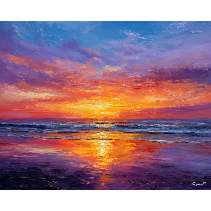 australia sunset beach,oil painting,afremov style