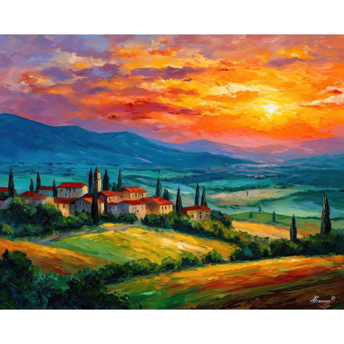 tuscany hills,italian countryside,oil painting,sunset light,afremov style