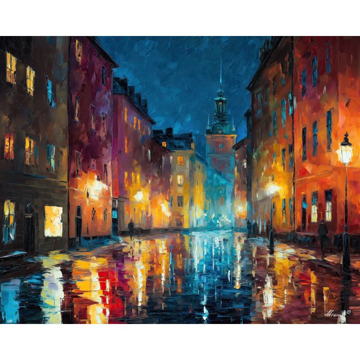 stockholm rain street,urban reflections,oil painting,afremov style