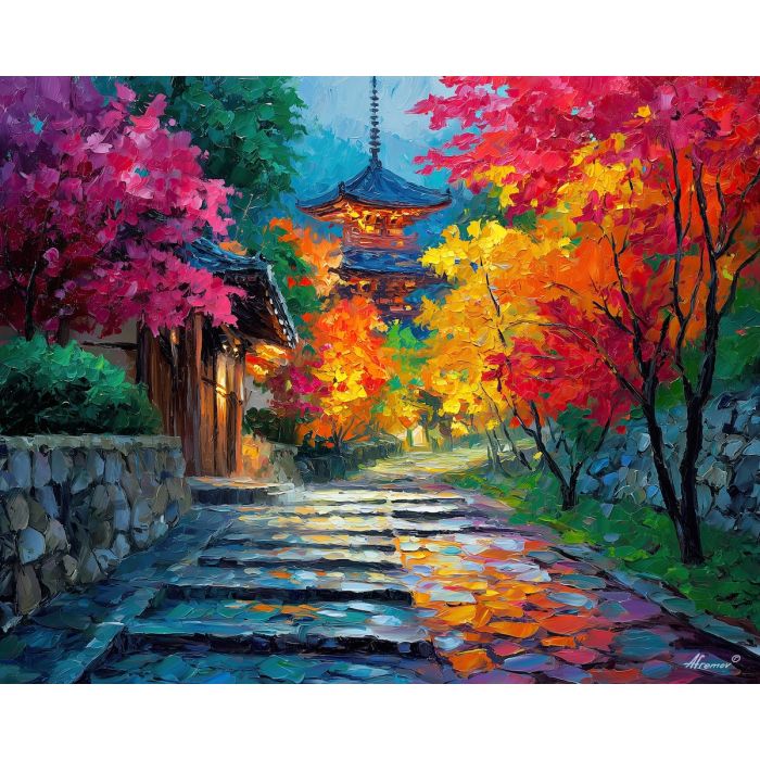 kyoto temple,pathway,japan culture,oil painting,afremov style