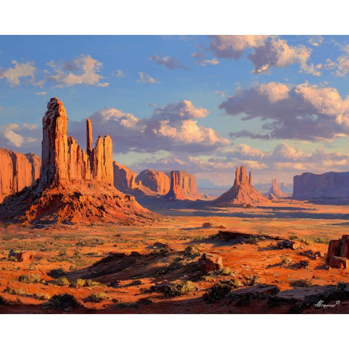 monument valley, sandstone buttes, oil painting, usa landscape, desert southwest, painterly texture, calm scenery, dawn light, detailed oil, serene mood