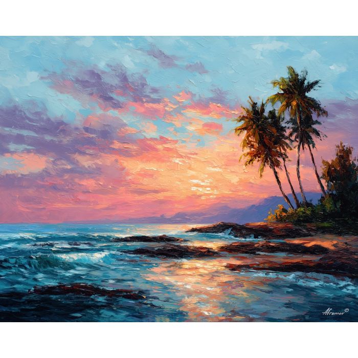 brazil coast dawn,tropical shore,oil painting,afremov style