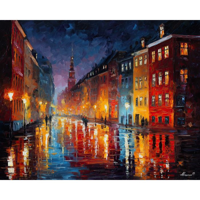 copenhagen rain street,urban reflections,oil painting,afremov style