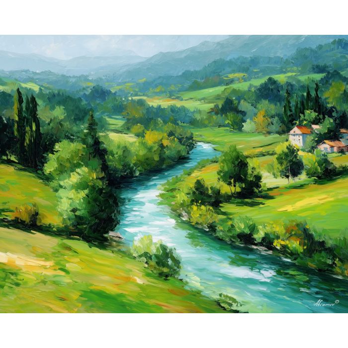 swiss river,countryside landscape,oil painting,afremov style