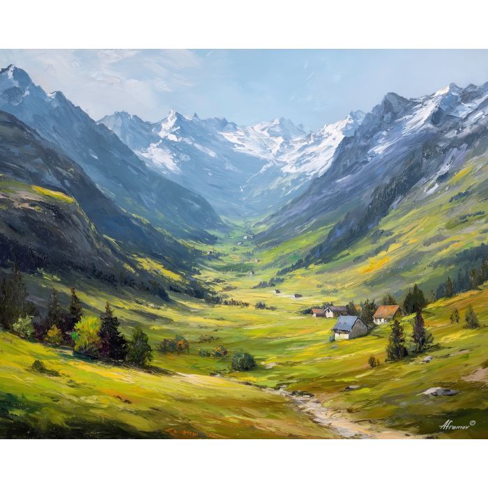 french alps,valley landscape,oil painting,afremov style
