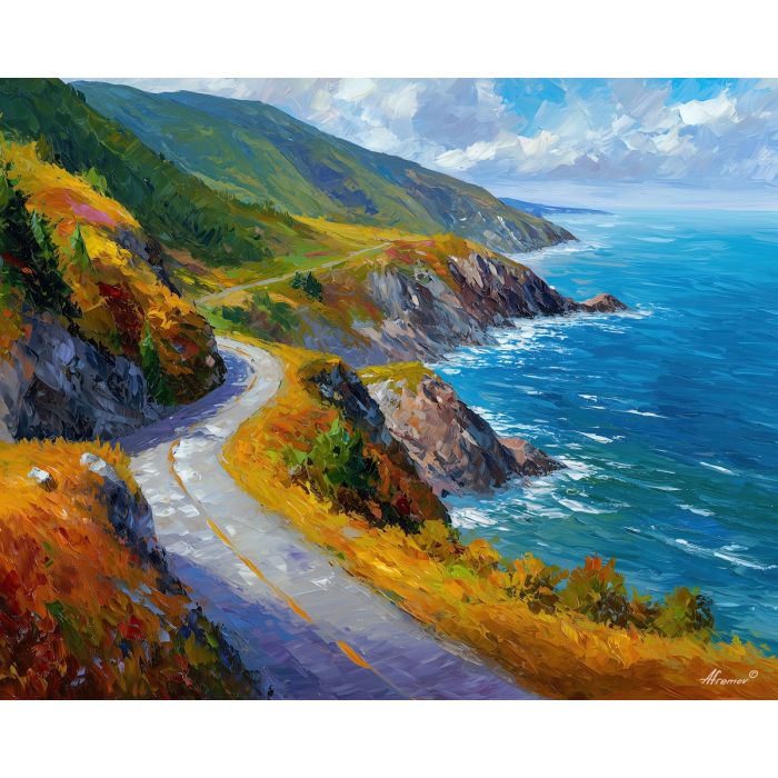 cabot trail,nova scotia coast,oil painting,afremov style