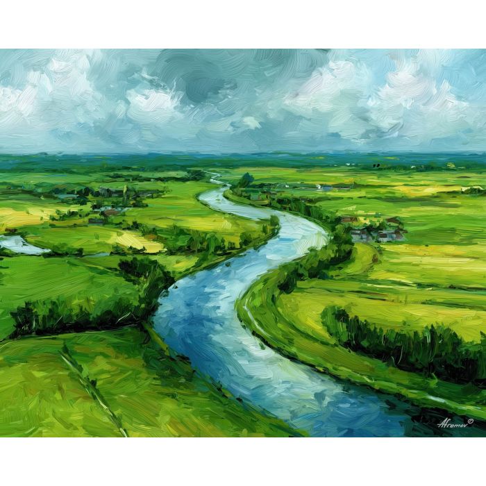 netherlands river,lowland landscape,oil painting,afremov style