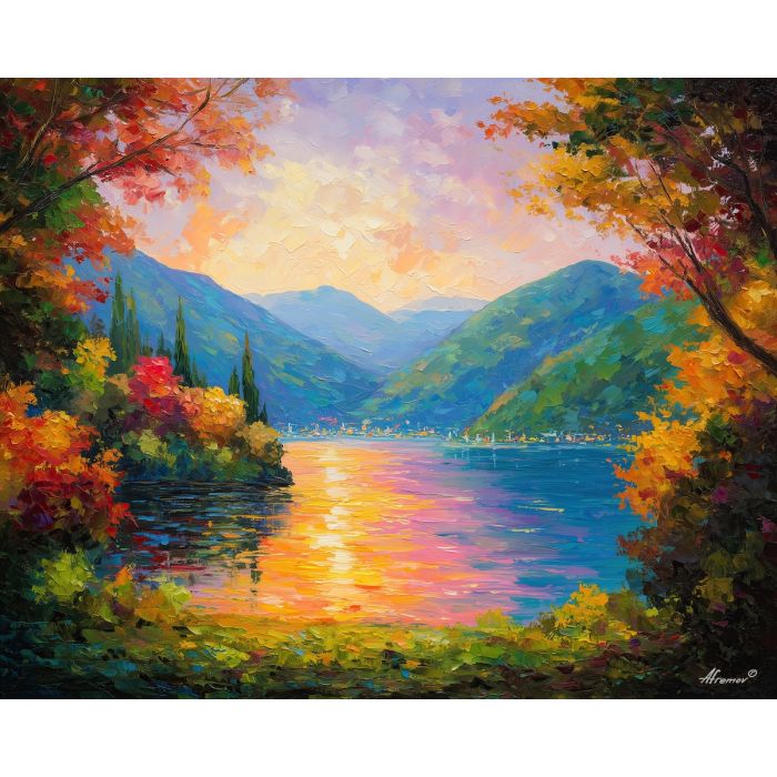 hakone lake,japan landscape,oil painting,afremov style