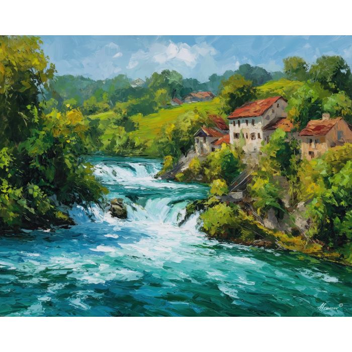 rhine falls,switzerland waterfall,oil painting,afremov style