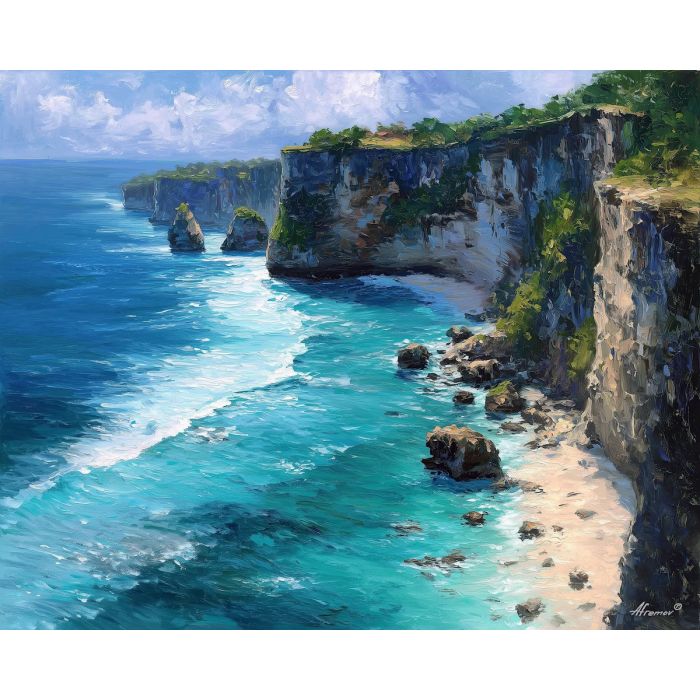 indonesia coast cliffs,oil painting,afremov style