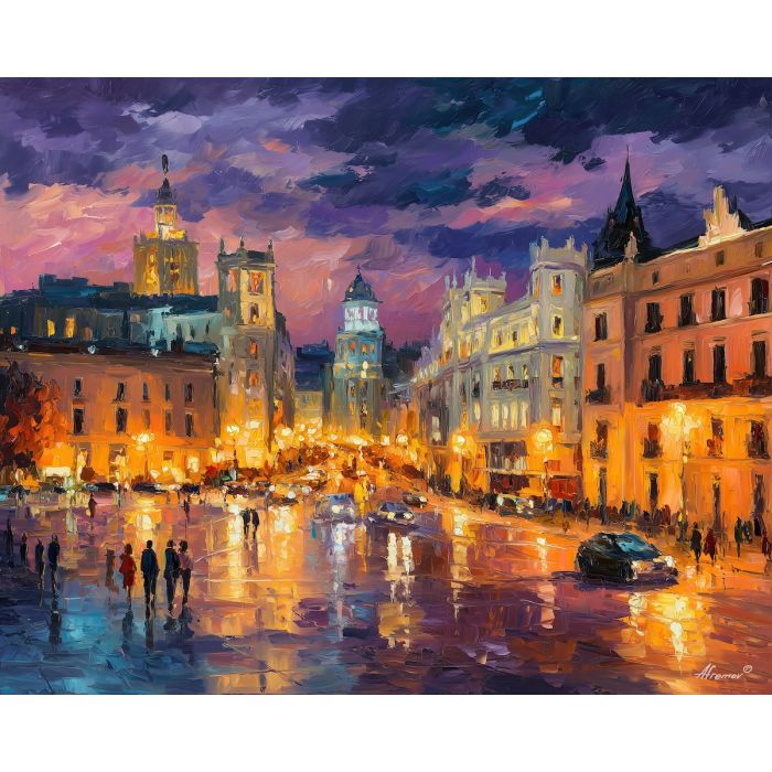madrid plaza,spain city,oil painting,afremov style