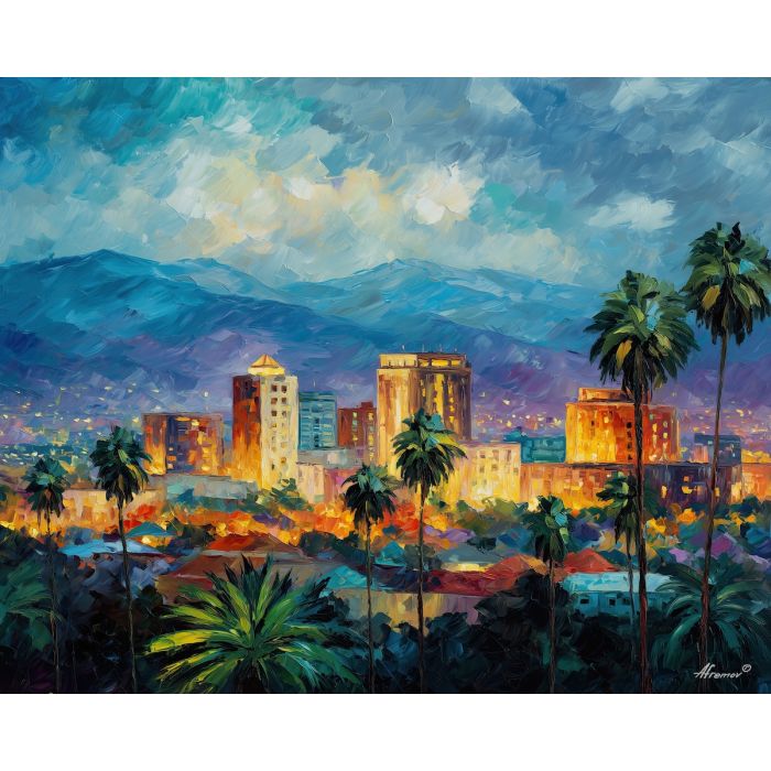 san jose skyline,costa rica city,oil painting,afremov style