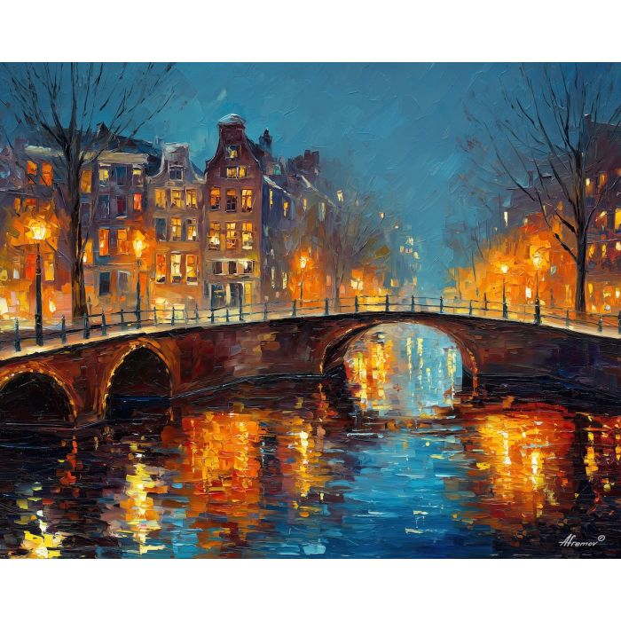 amsterdam bridge,canal dusk,city lights,oil painting,afremov style
