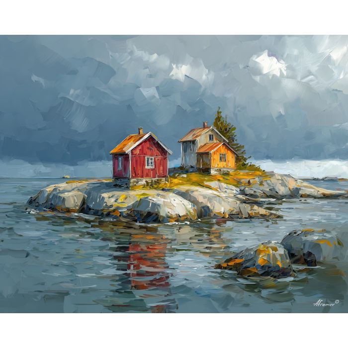 finland island cabins,archipelago life,oil painting,afremov style