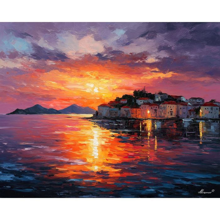 greek island sunrise,calm sea,oil painting,afremov style